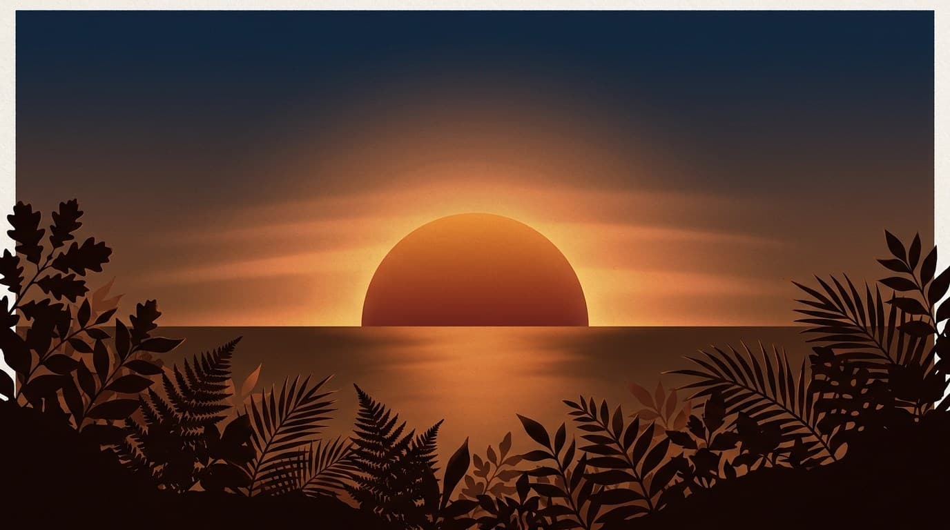 Sunset-toned botanical banner illustrating a digital sunset evening wind-down routine