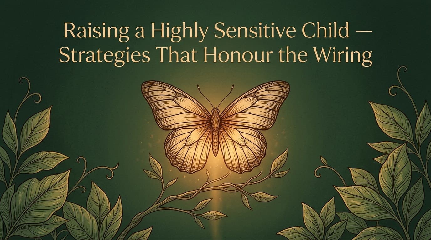 A delicate glowing butterfly on a leafy branch, illustrating strategies for raising a highly sensitive child