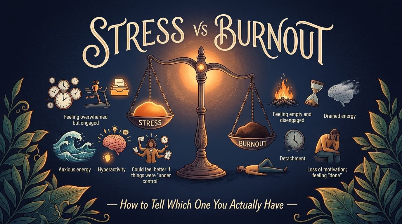 Botanical banner illustrating the difference between the signs of stress and burnout